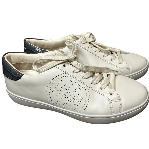 Tory Burch Leigh T Logo Sneaker Size 8.5 Ivory Navy Colorway - Picture 1 of 7
